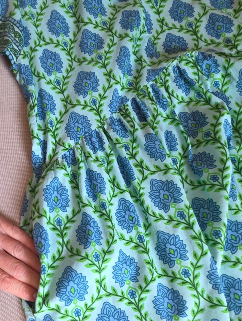 Bindu Pure Indian Artisan Cotton Blue & Green Floral Maxi Dress Contrast Sash Sm - Picture 5 of 10